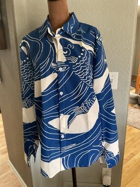 Blue & White Koi Wave Button-Up Shirt